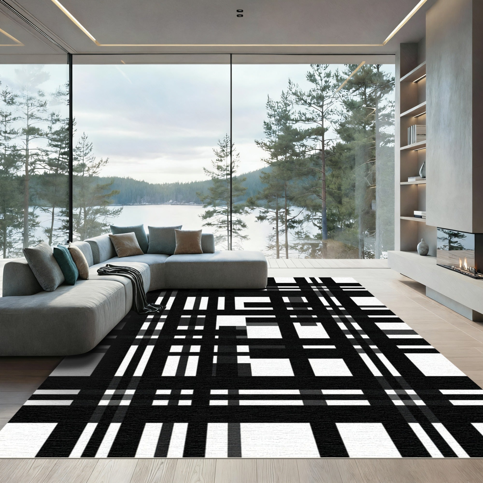 Monochromatic Bold Plaid Composition Rug