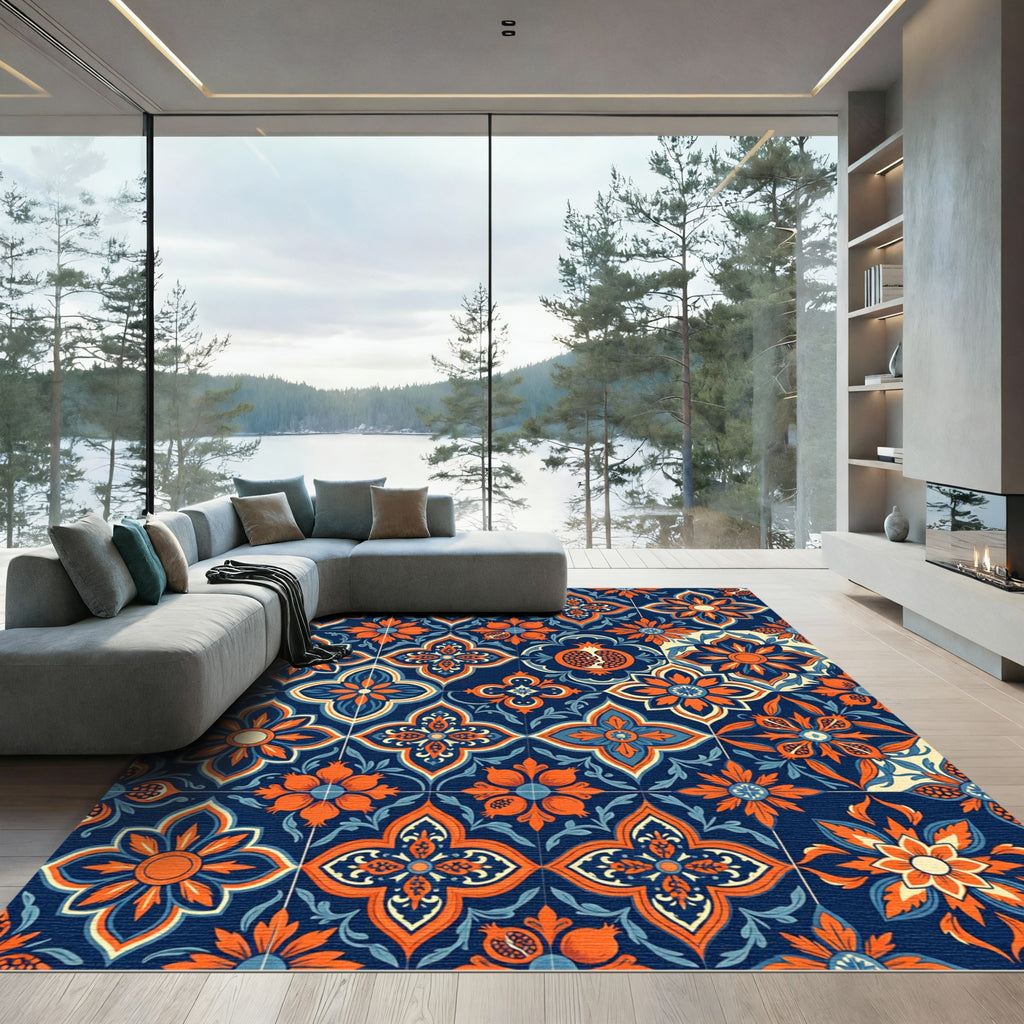 Navy Blue Floral Pomegranate Medallion Rug