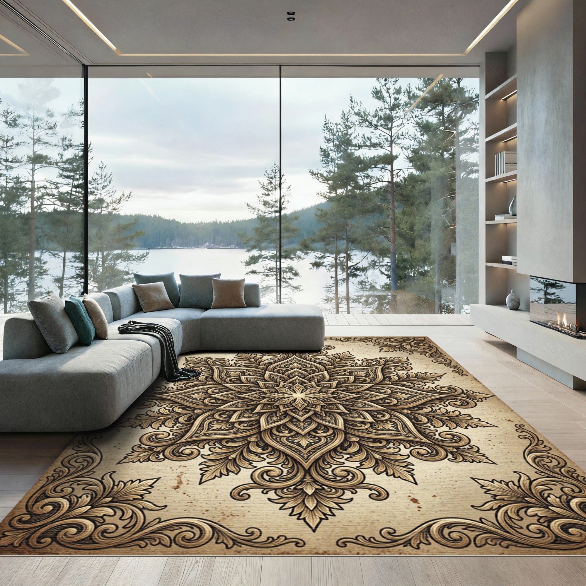 Ornate Sepia Filigree Damask Medallion Rug