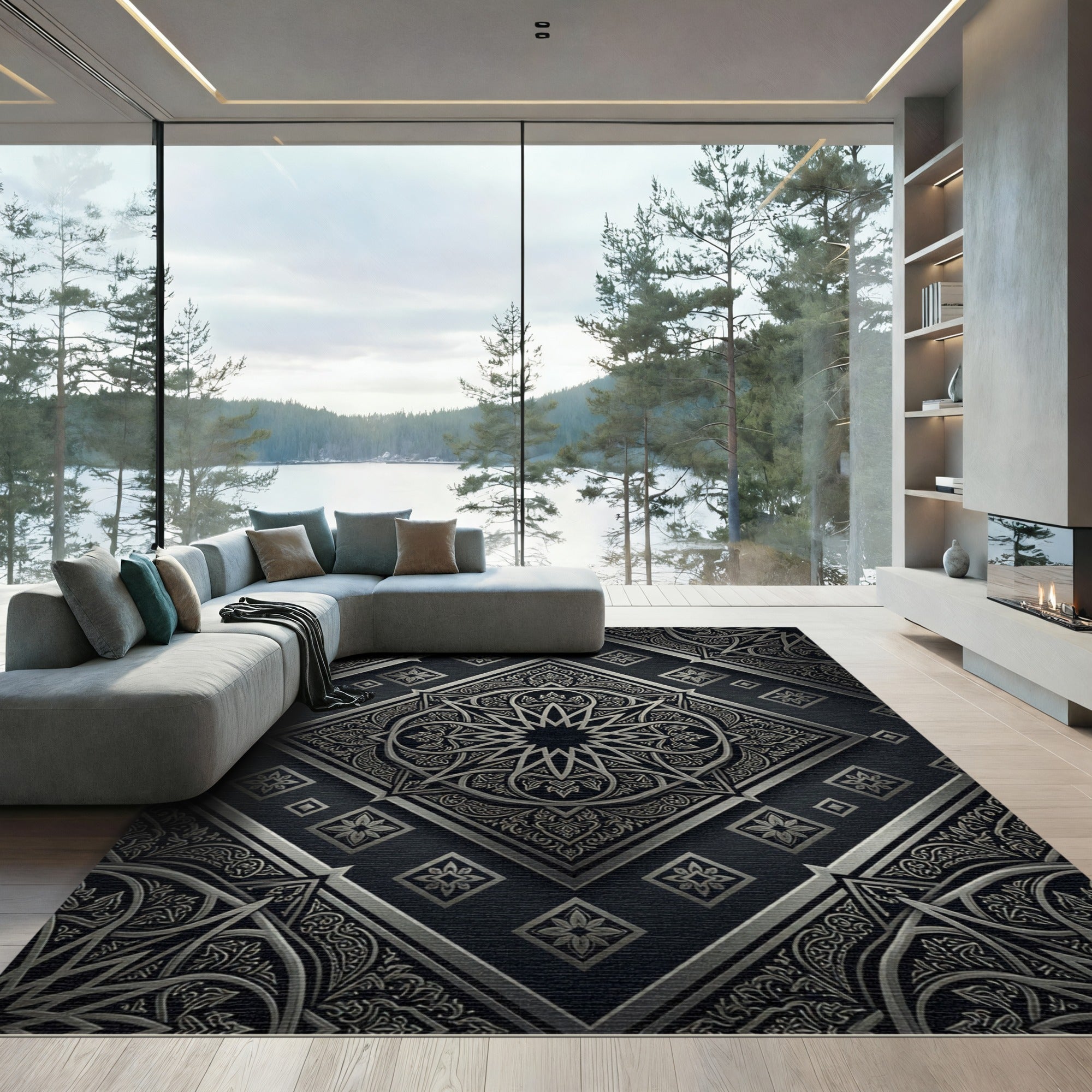 Black Silver Intricate Medallion Overlay Rug