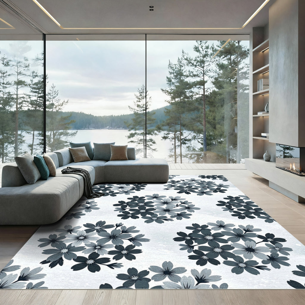 Monochromatic Floral Bouquet Circular Composition Rug
