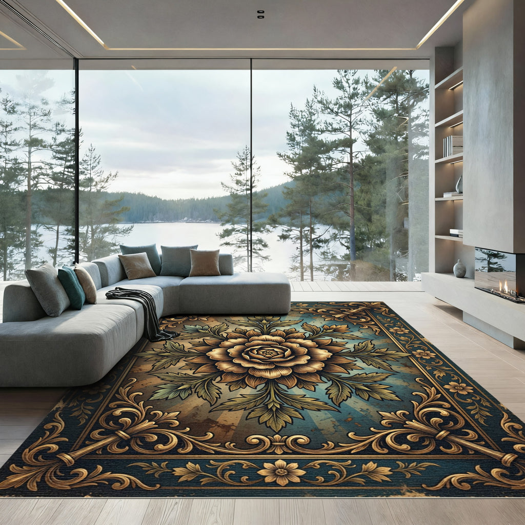 Ornate Golden Floral Damask Teal Backdrop Rug