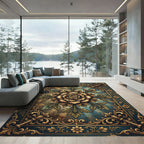 Ornate Golden Floral Damask Teal Backdrop Rug