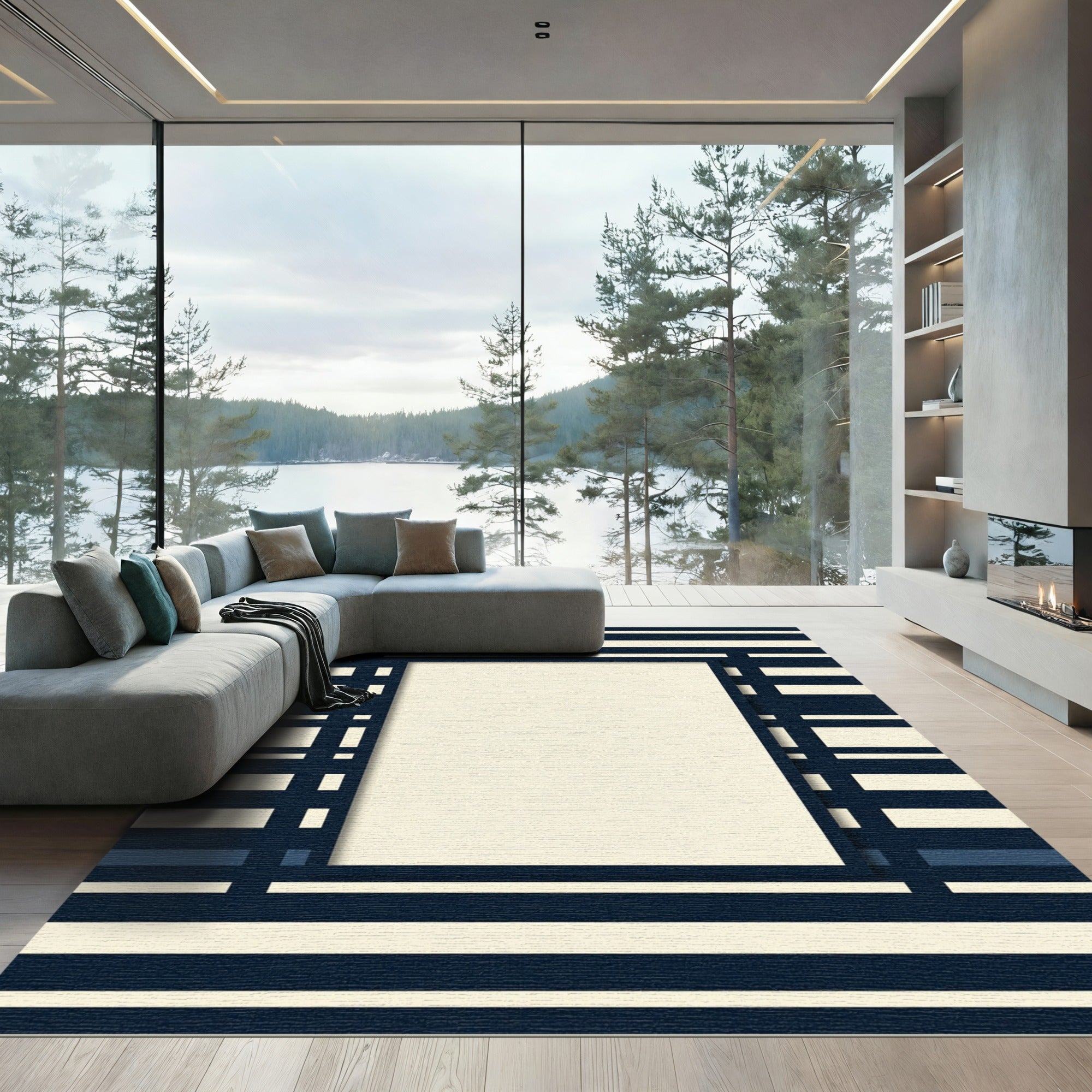 Navy Cream Striped Modern Frame Rug