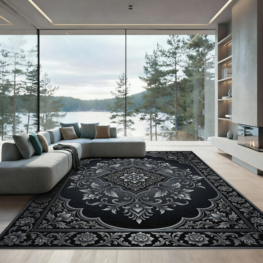 Ornate Silver Floral Damask Medallion Rug