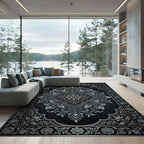 Ornate Silver Floral Damask Medallion Rug