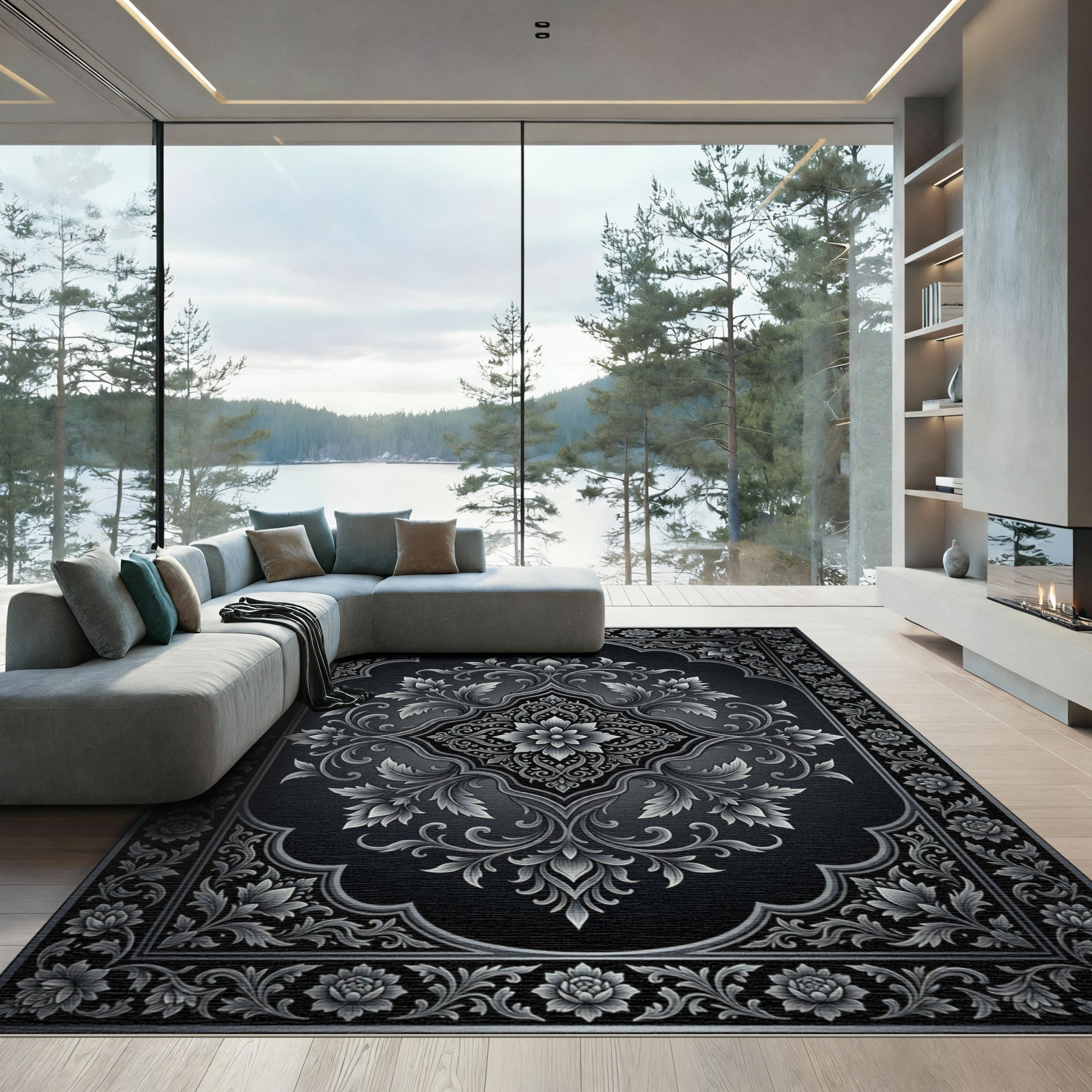 Ornate Silver Floral Damask Medallion Rug