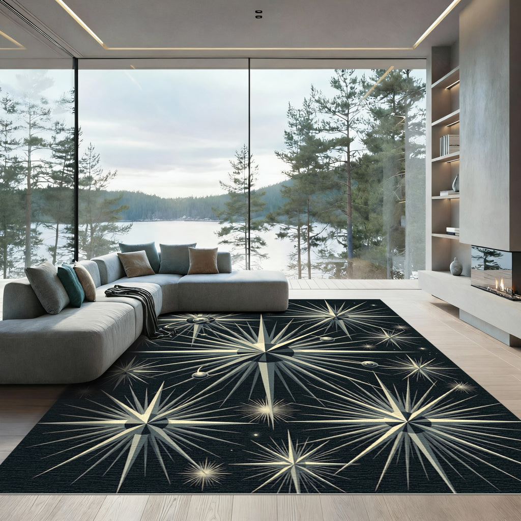 Radiant Stellar Burst Black Composition Rug