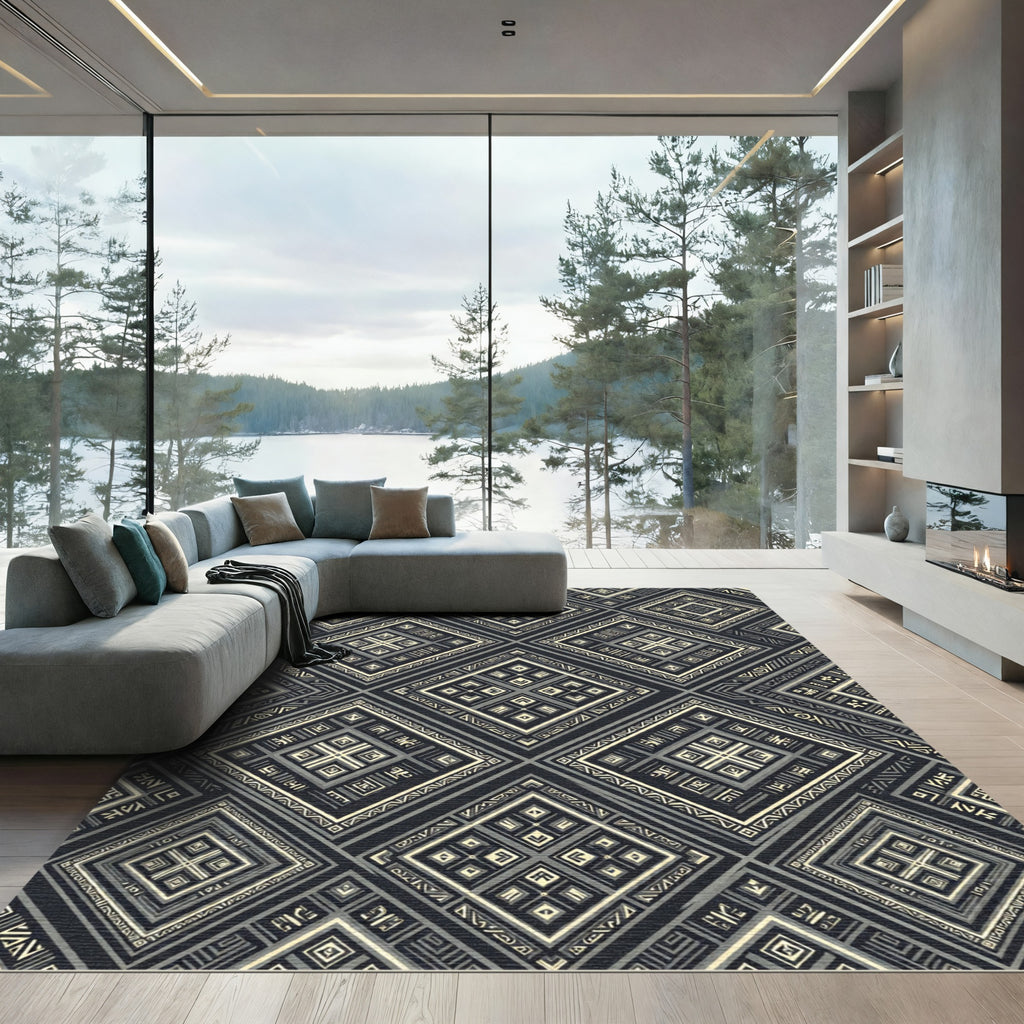 Dark Ivory Geometric Inlaid Diamond Rug