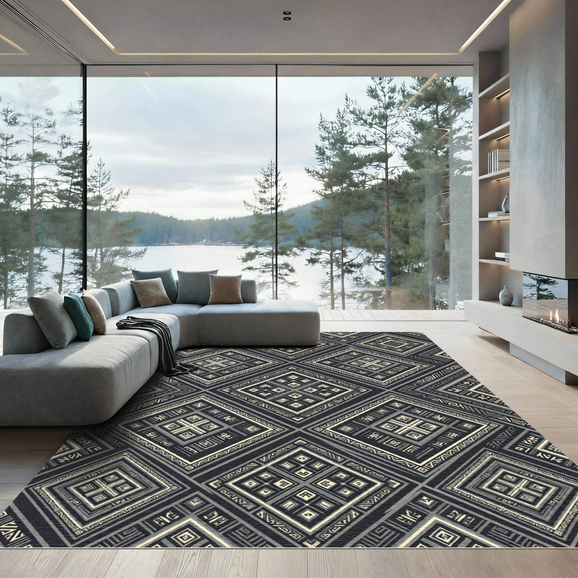 Dark Ivory Geometric Inlaid Diamond Rug