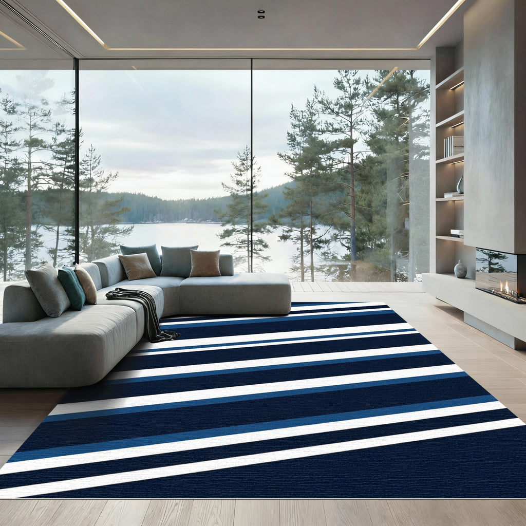 Bold Navy Blue Linear Stripe Rug
