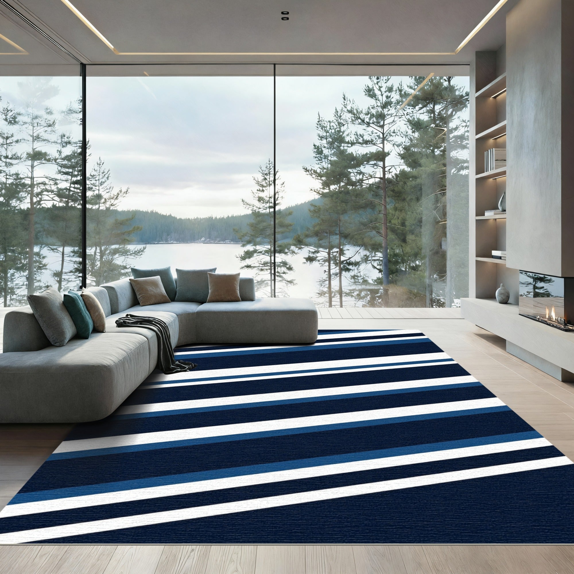 Bold Navy Blue Linear Stripe Rug