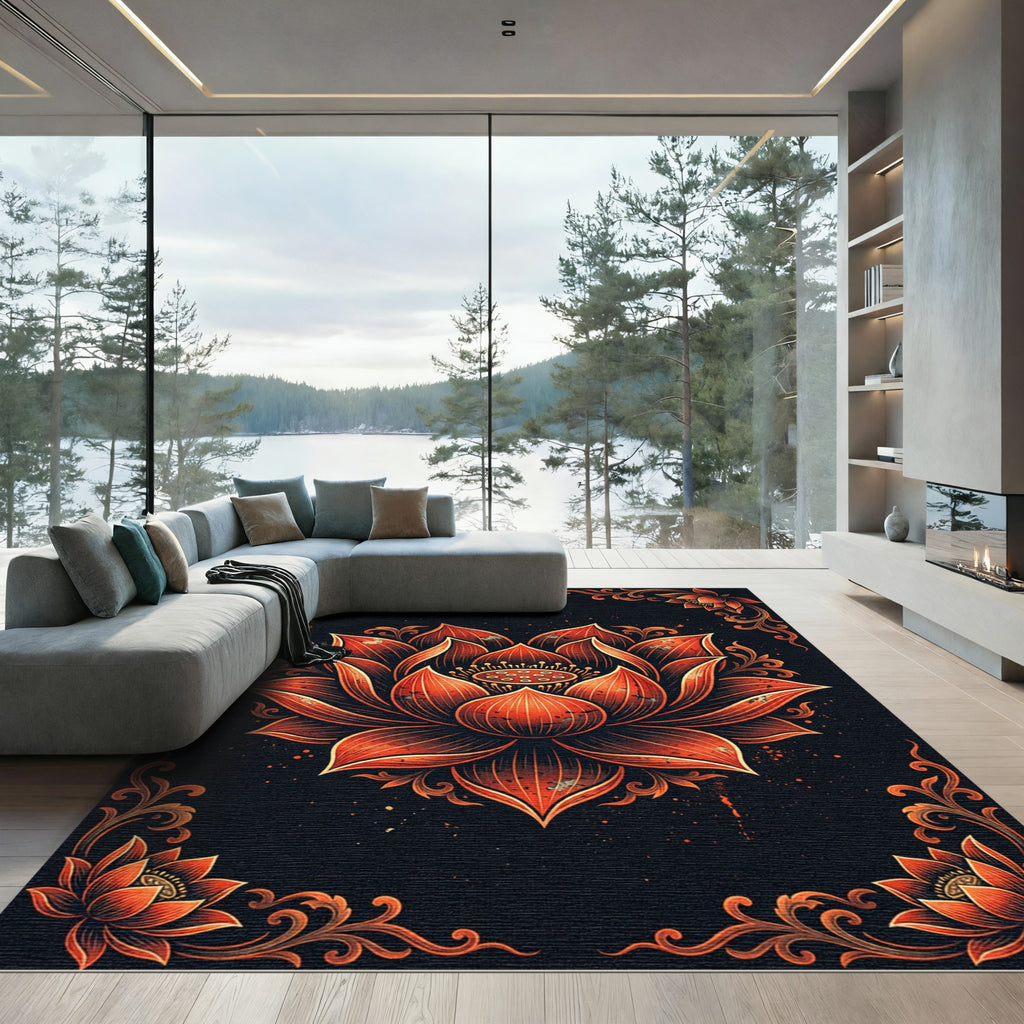 Vibrant Crimson Lotus Floral Medallion Rug