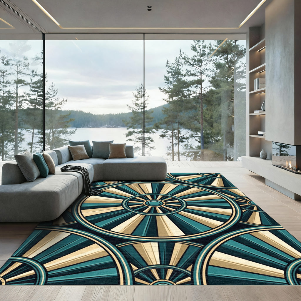 Teal Gold Radial Sunburst Medallion Rug