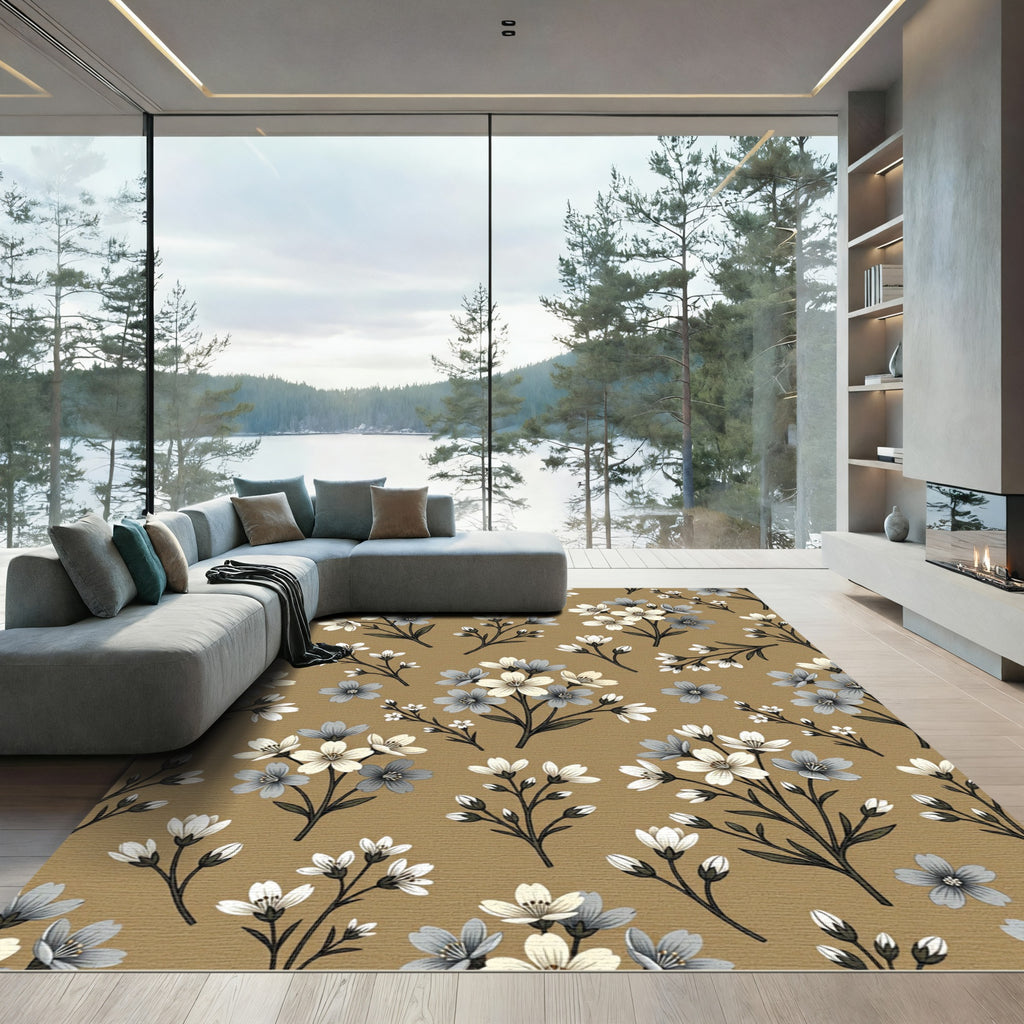 Brown White Gray Floral Sprig Arrangement Rug