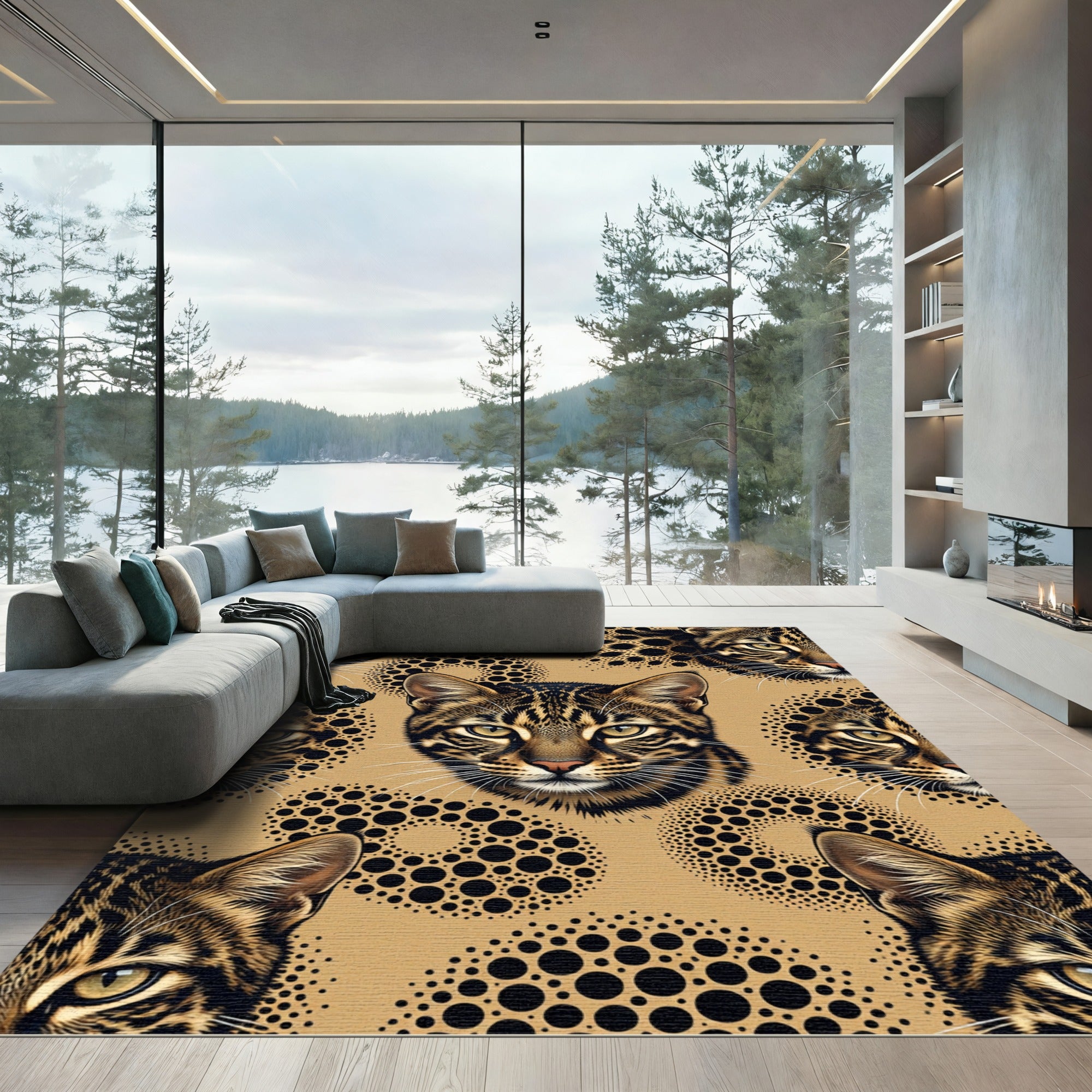Ocelot Faces With Black Dot Orbs Rug