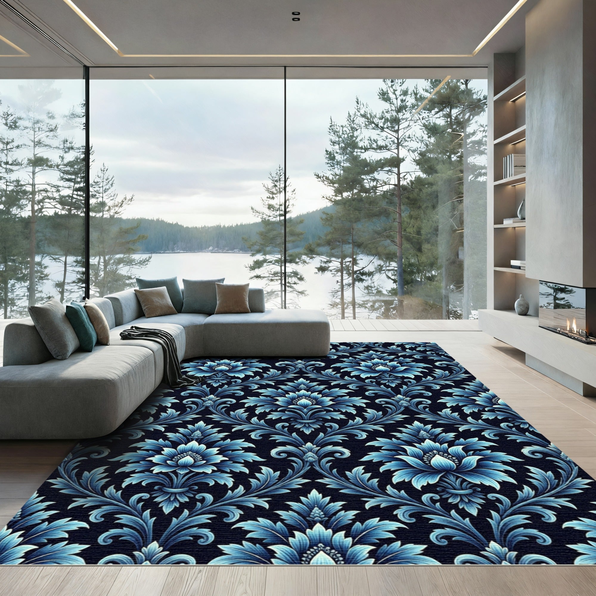 Classic Blue Floral Damask Rug