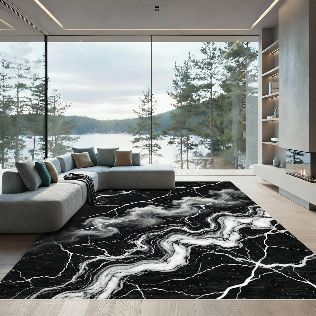 Dramatic Black White Marble Vein Rug