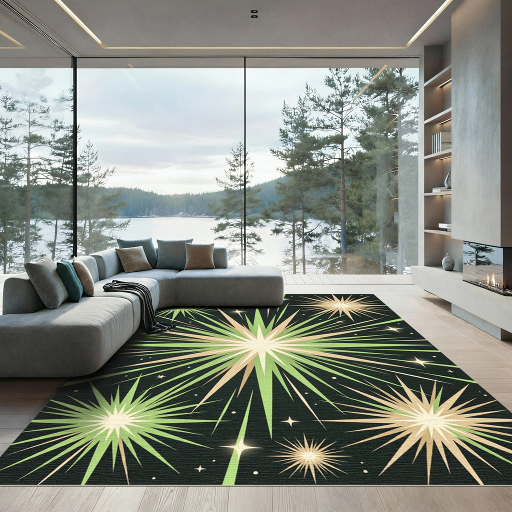 Mid-Century Olive and Gold Starburst Rug