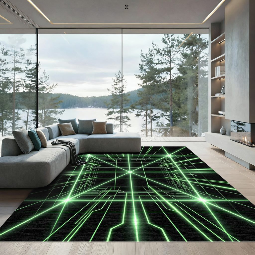 Glowing Neon Cyber Grid Matrix Rug