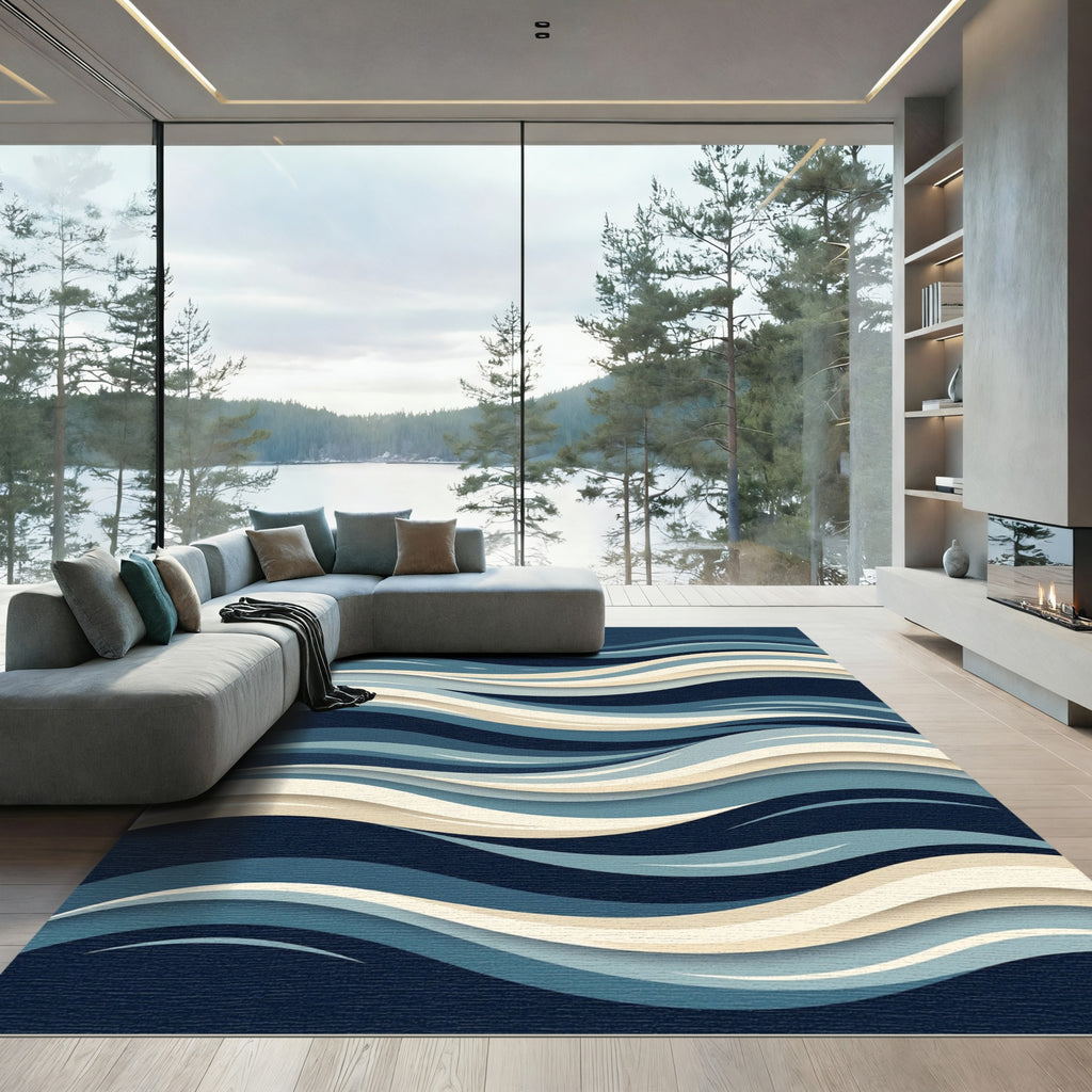 Deep Blue Abstract Wave Layered Rug
