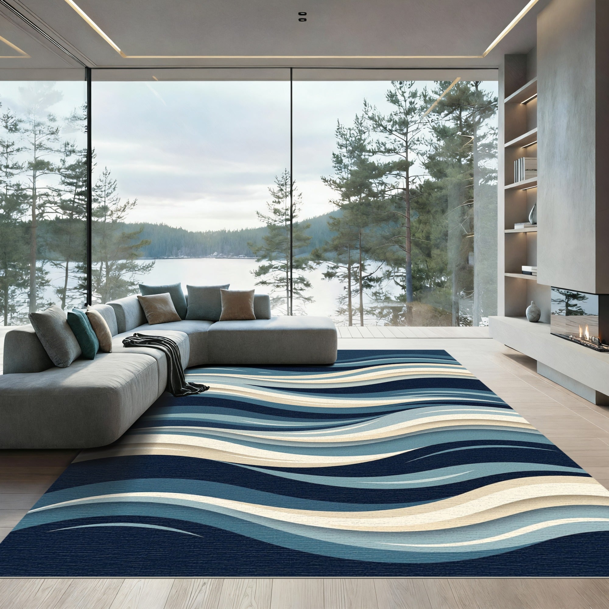 Deep Blue Abstract Wave Layered Rug