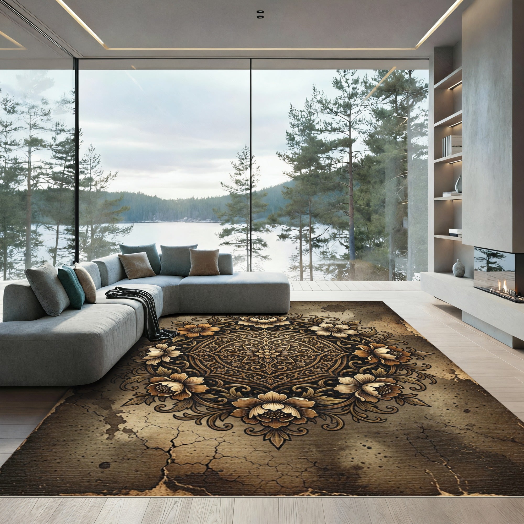 Ornate Sepia Floral Medallion Rug