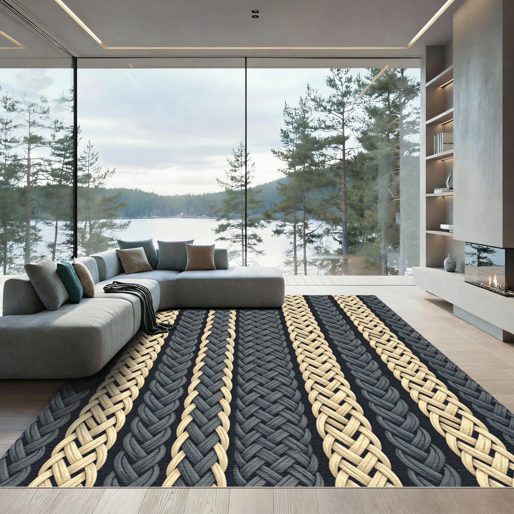 Cream and Charcoal Braided Stripe Rug
