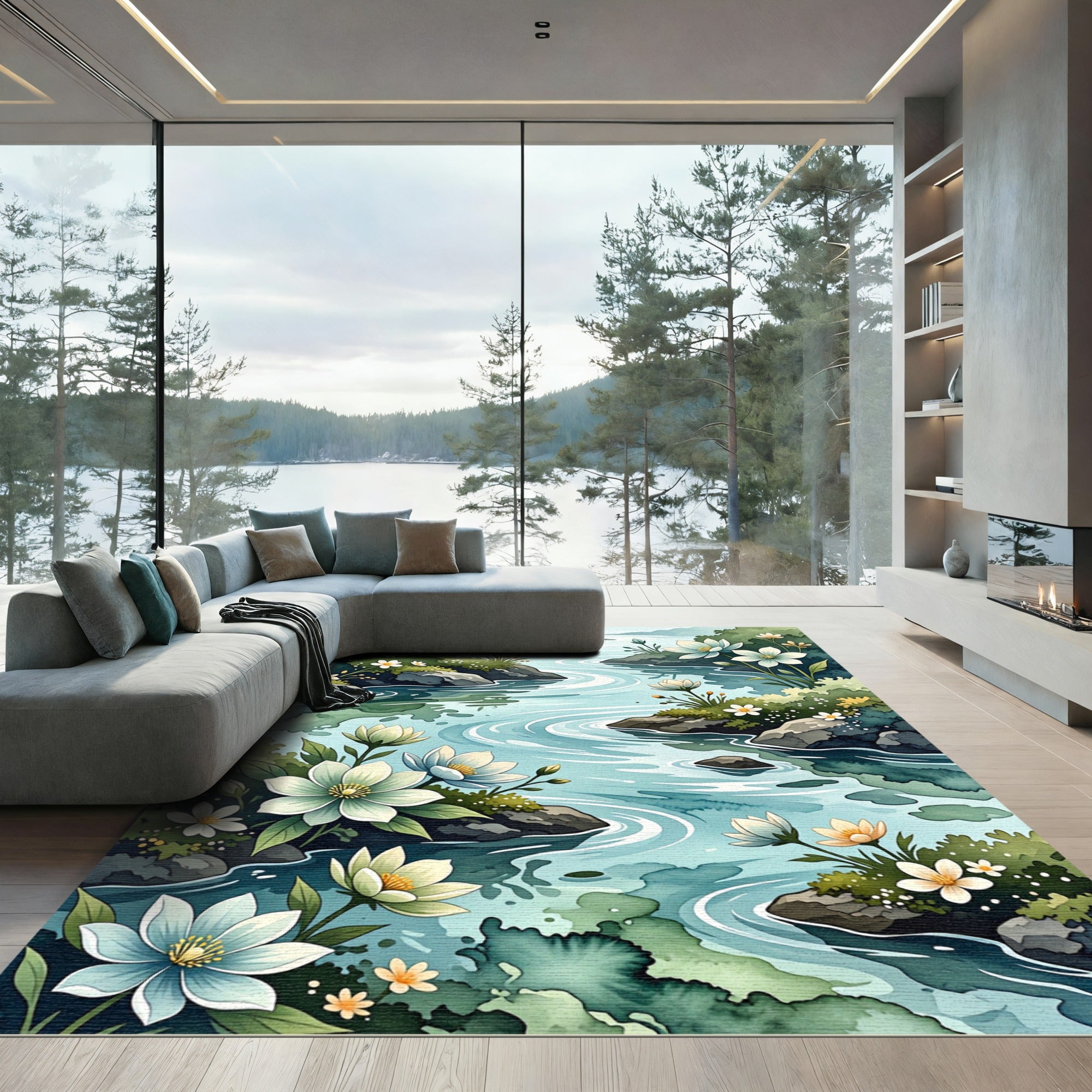 Serene Watercolor River with Wildflowers Rug
