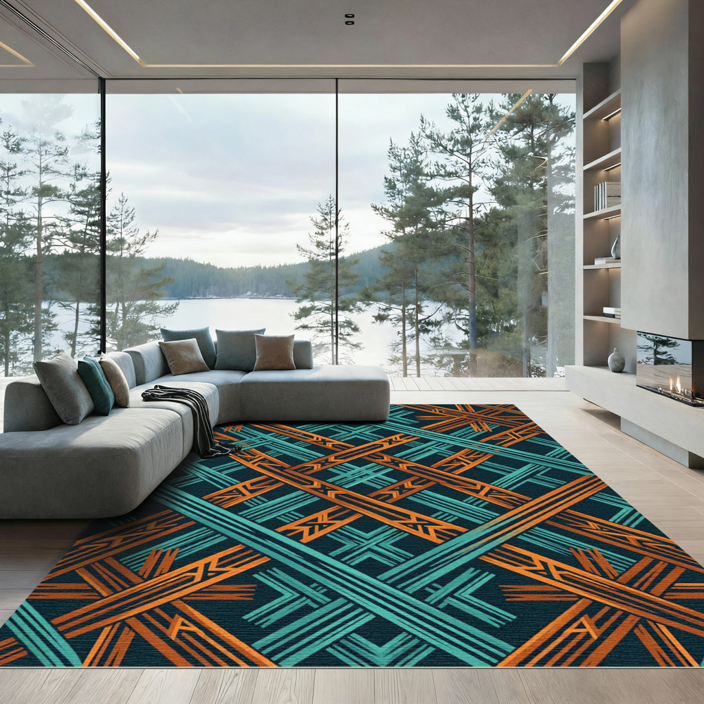 Geometric Teal and Copper Weave Rug