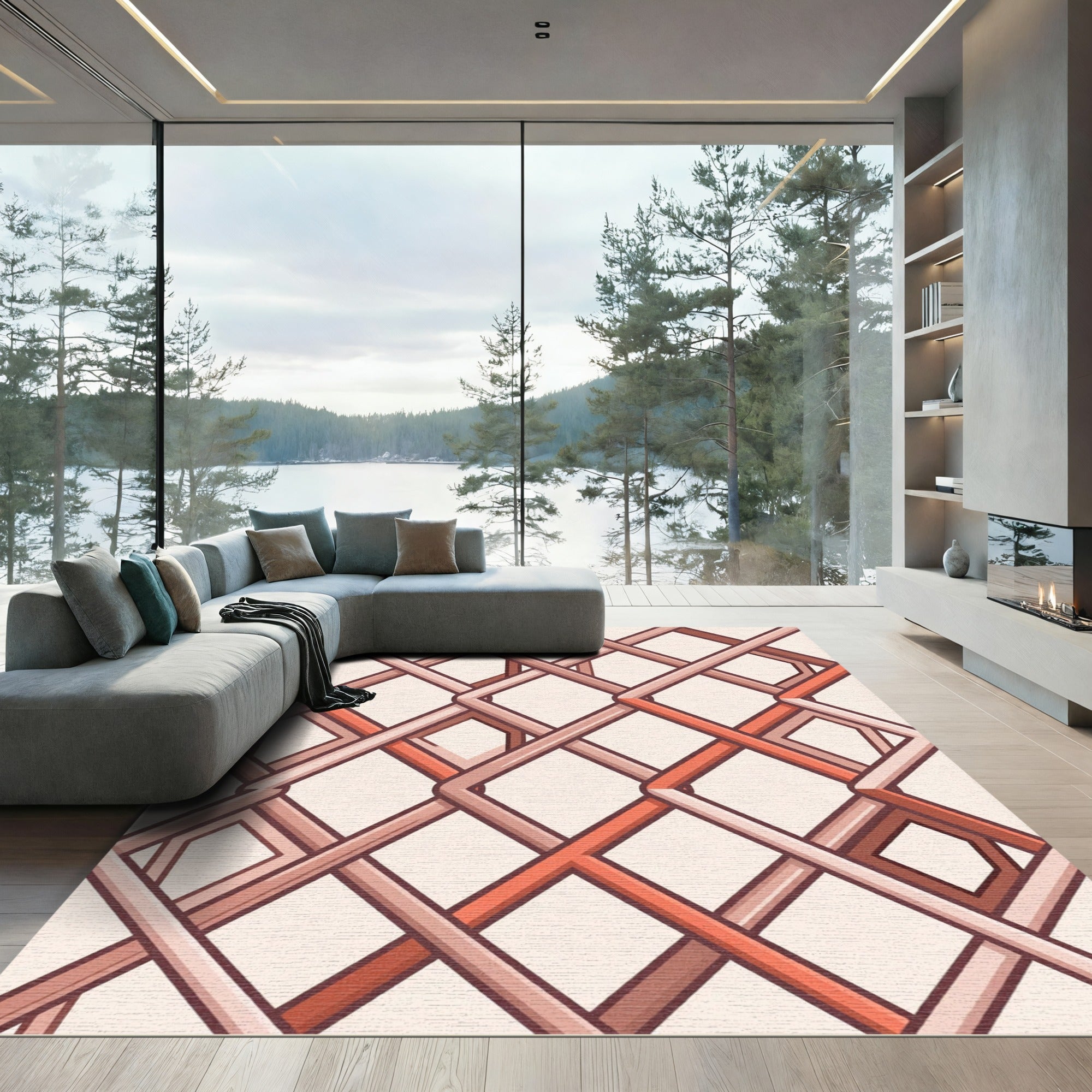 Geometric Coral Lattice Intersecting Lines Rug