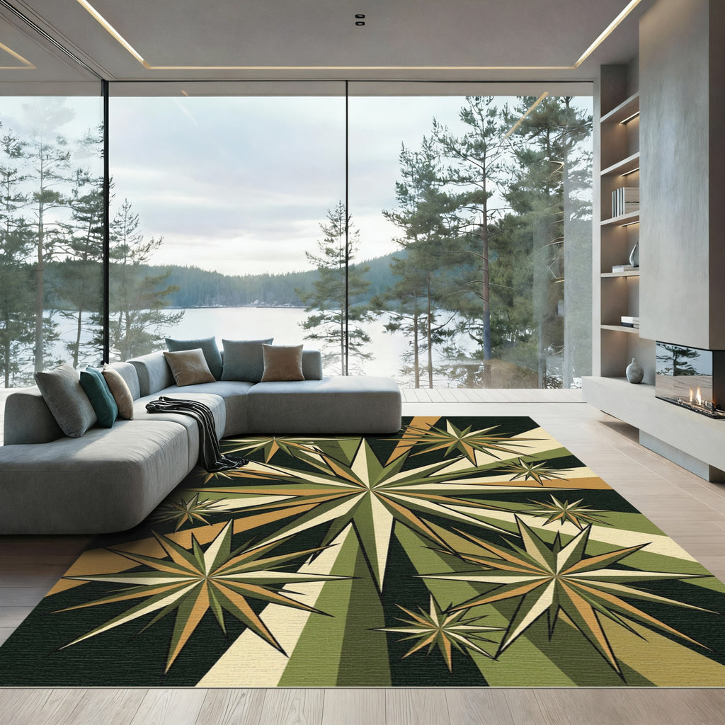 Mid-Century Olive Gold Geometric Starburst Rug