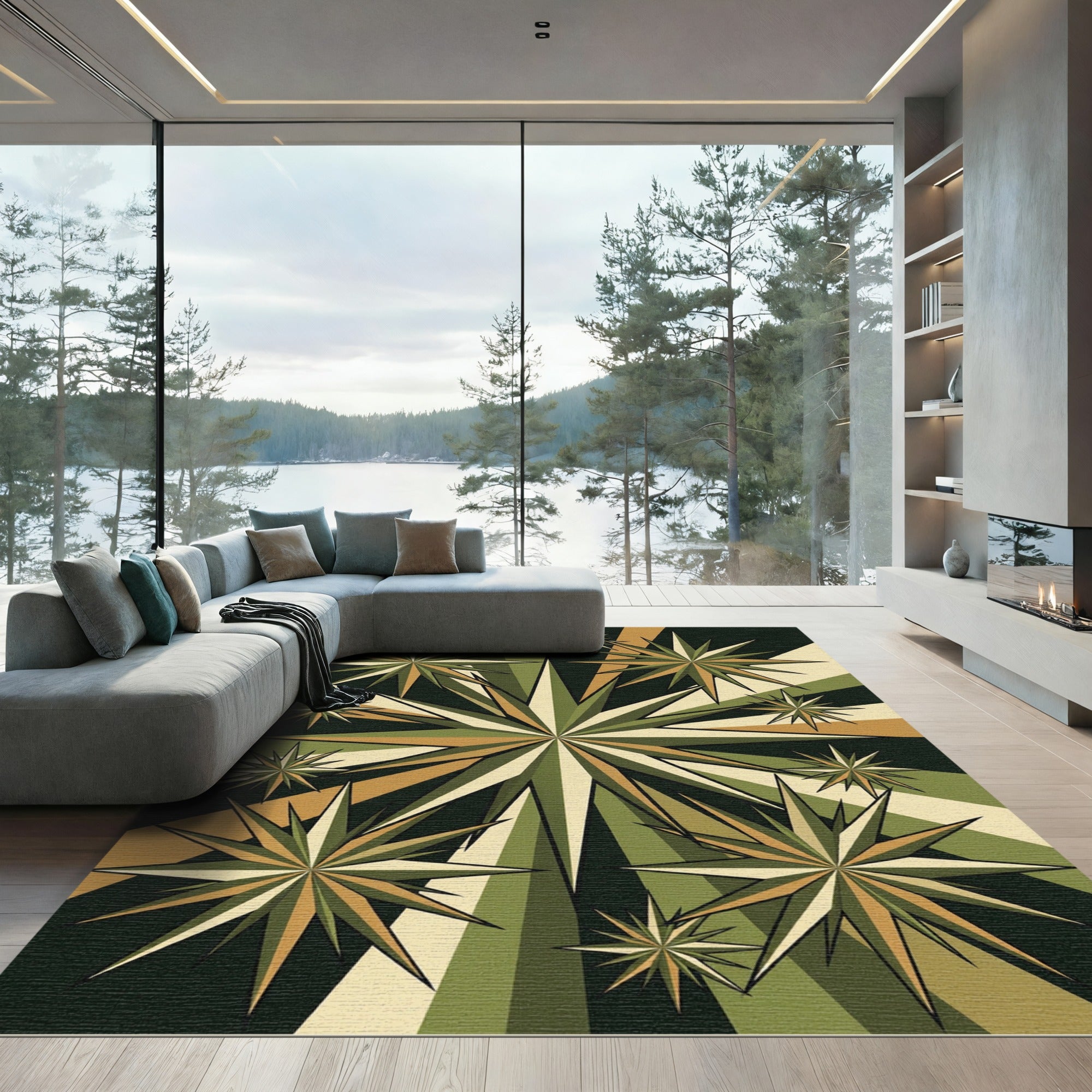 Mid-Century Olive Gold Geometric Starburst Rug