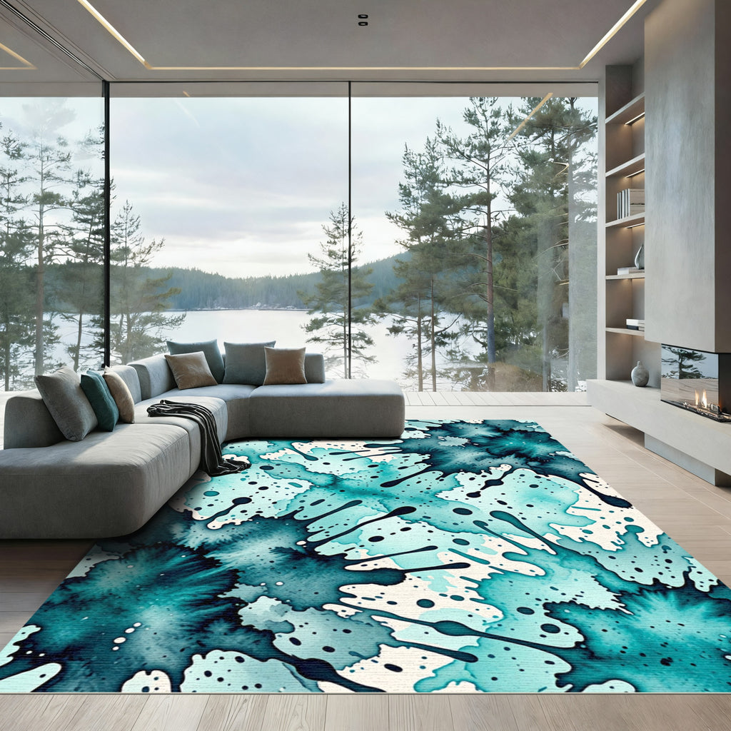 Teal Liquid Ink Abstract Splash Rug
