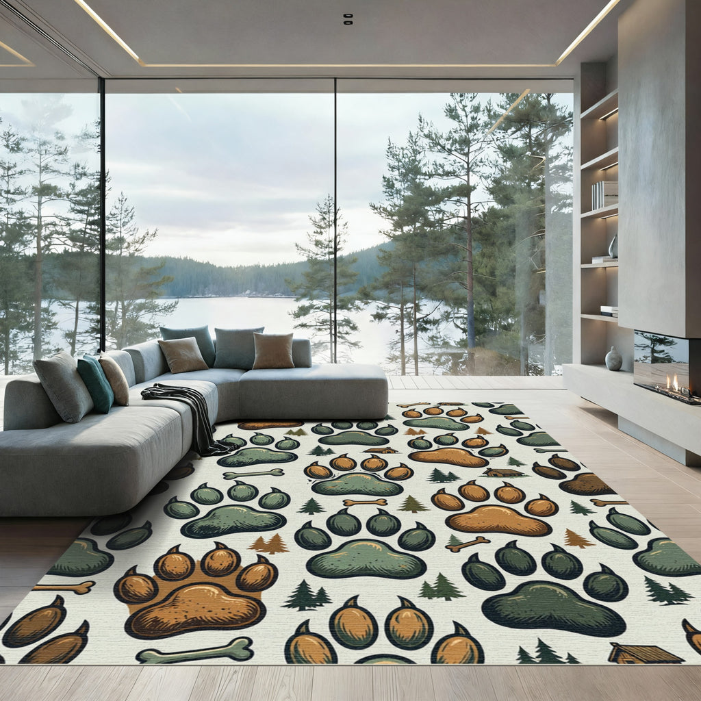 Woodland Bear Paw Cabin Forest Scene Rug