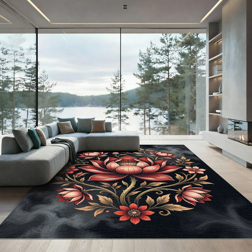 Radiant Crimson Lotus Floral Medallion Rug