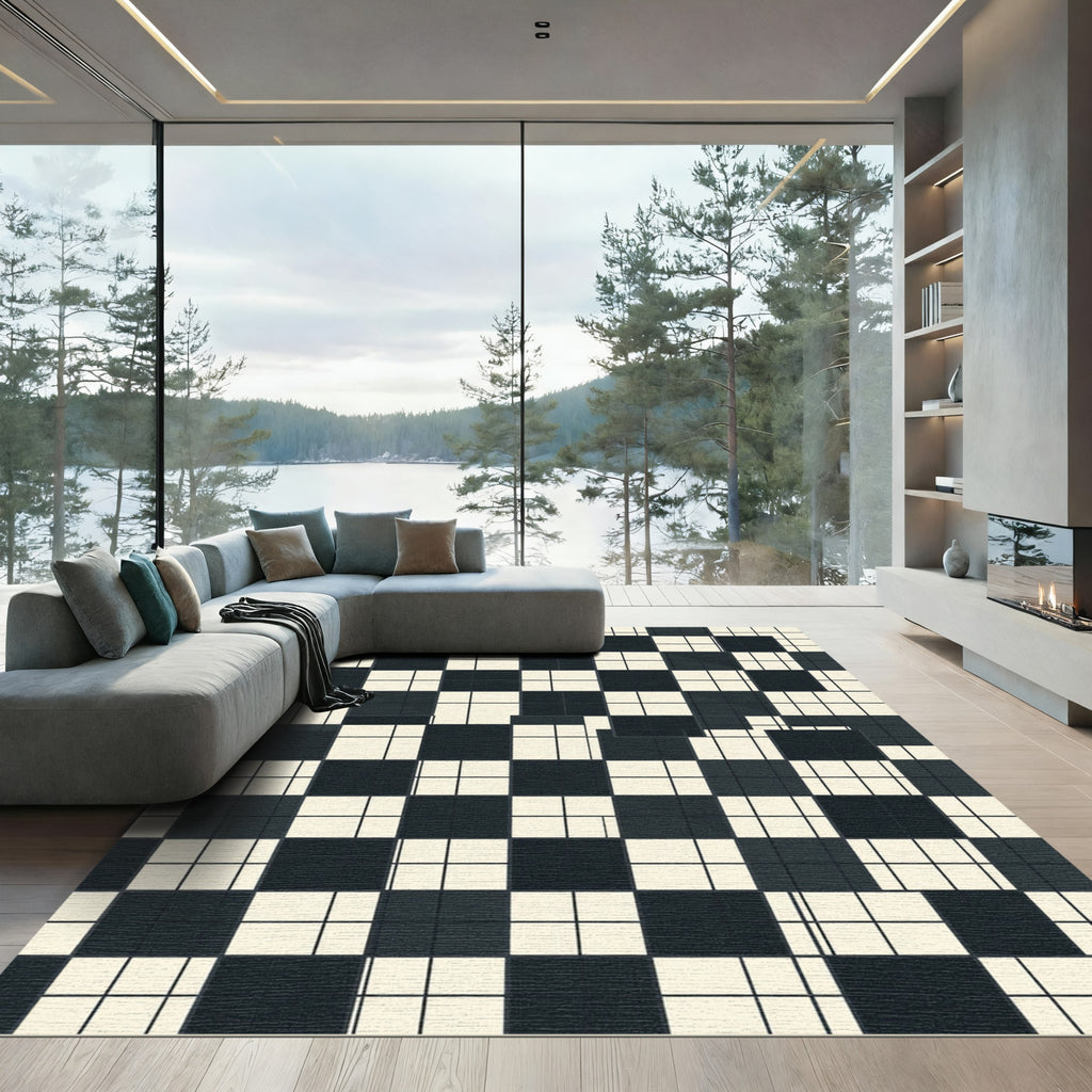 Black Beige Square Grid Harmony Rug