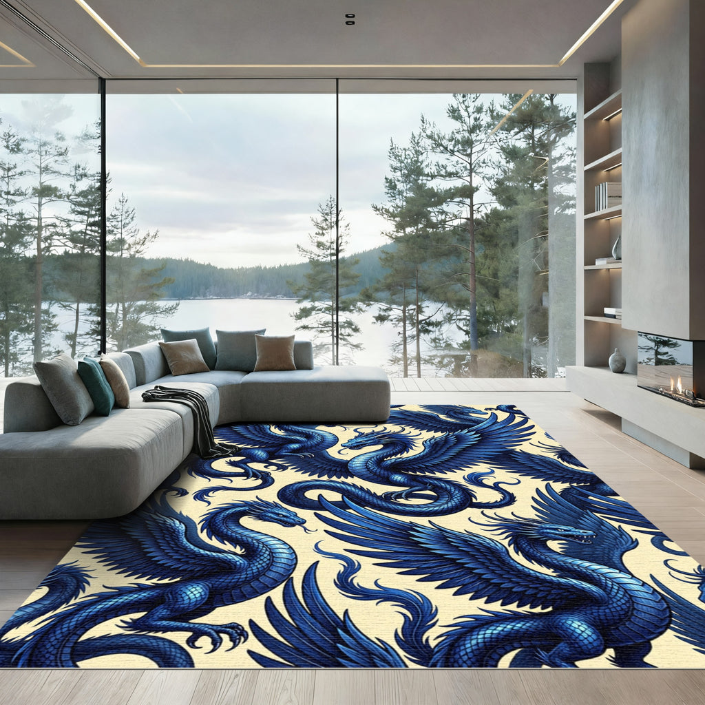 Majestic Cobalt Dragon Wing Illustration Rug