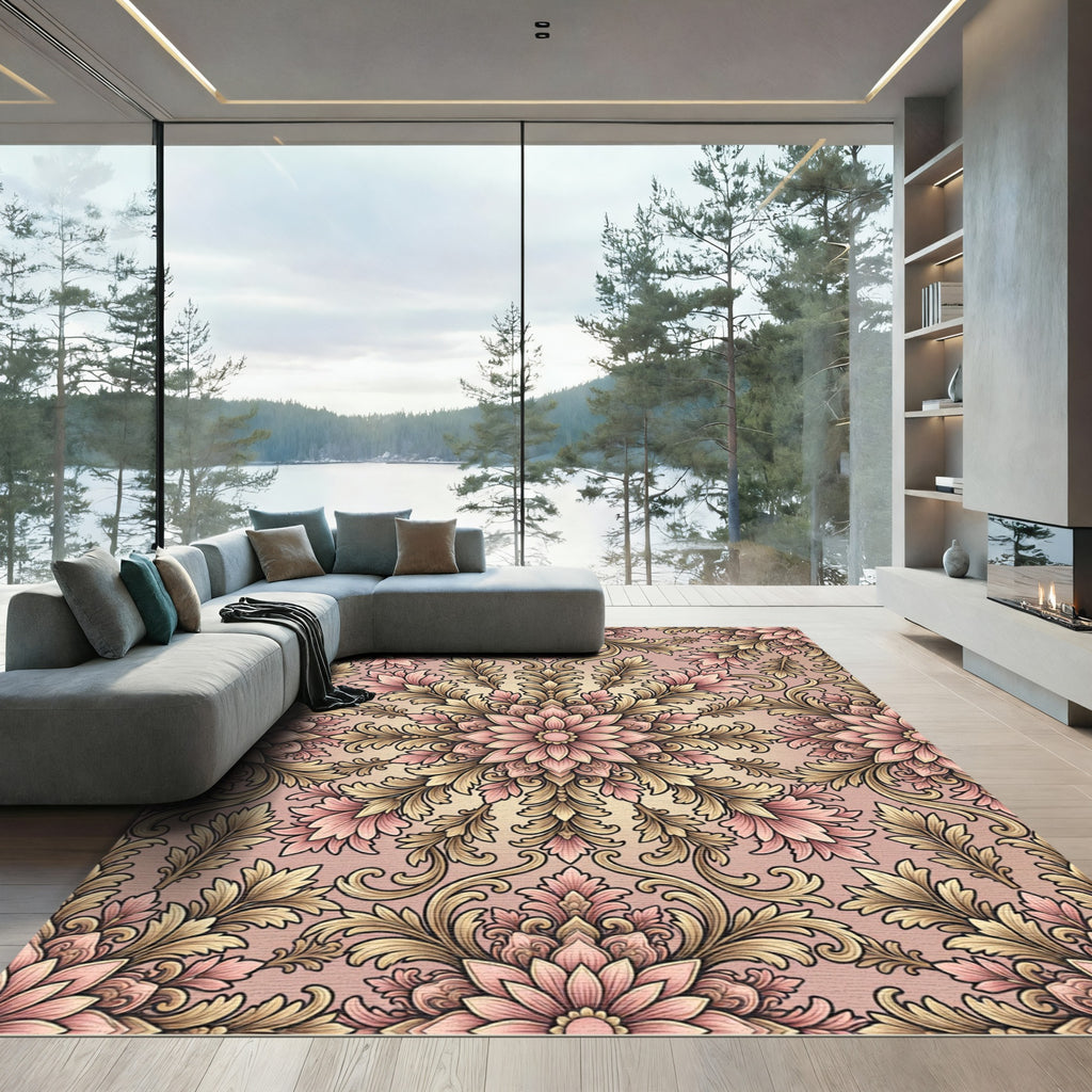 Vintage Pink Gold Floral Scroll Rug