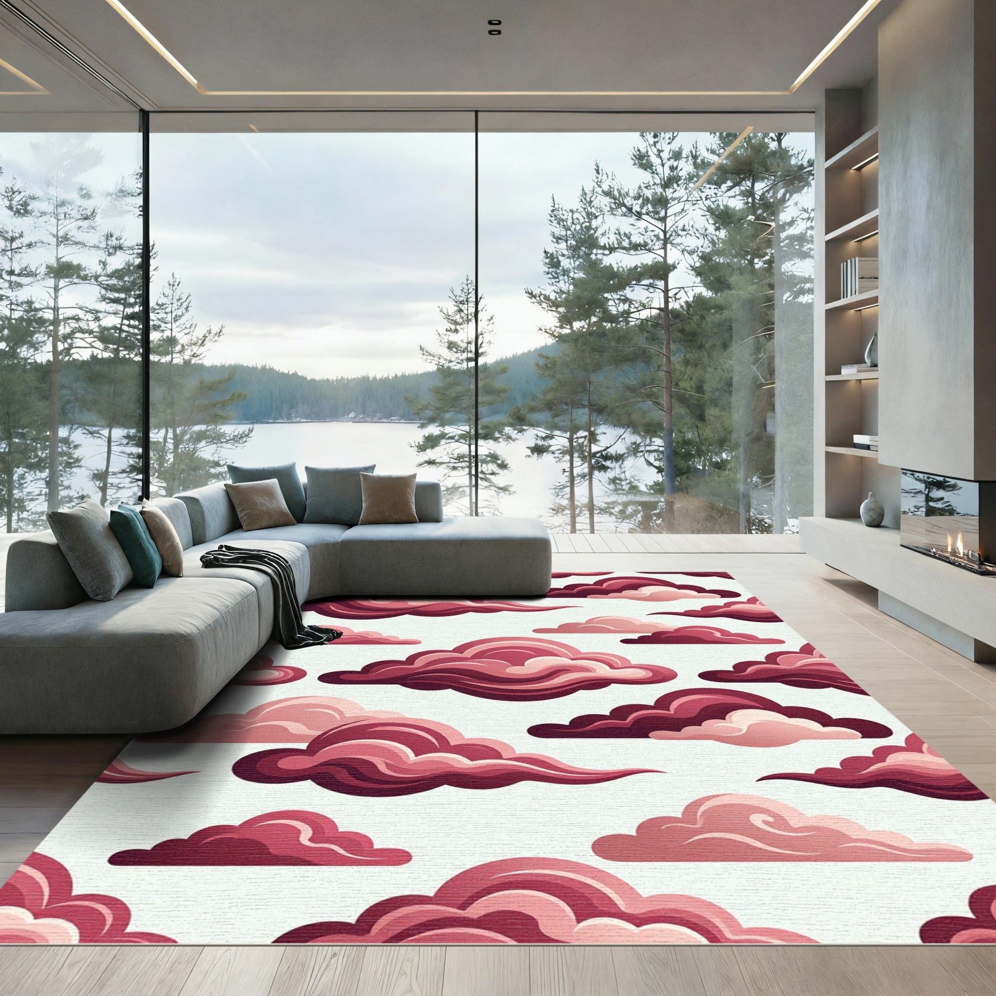 Crimson Cloudscape Swirls Rug