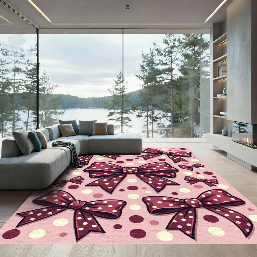 Polka Dot Maroon Bows on Pink Rug