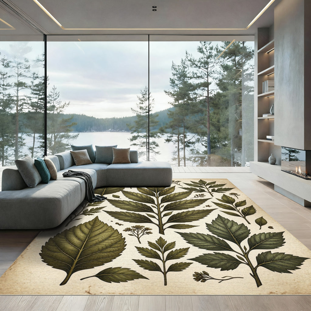 Vintage Green Leaf Botanical Composition Rug