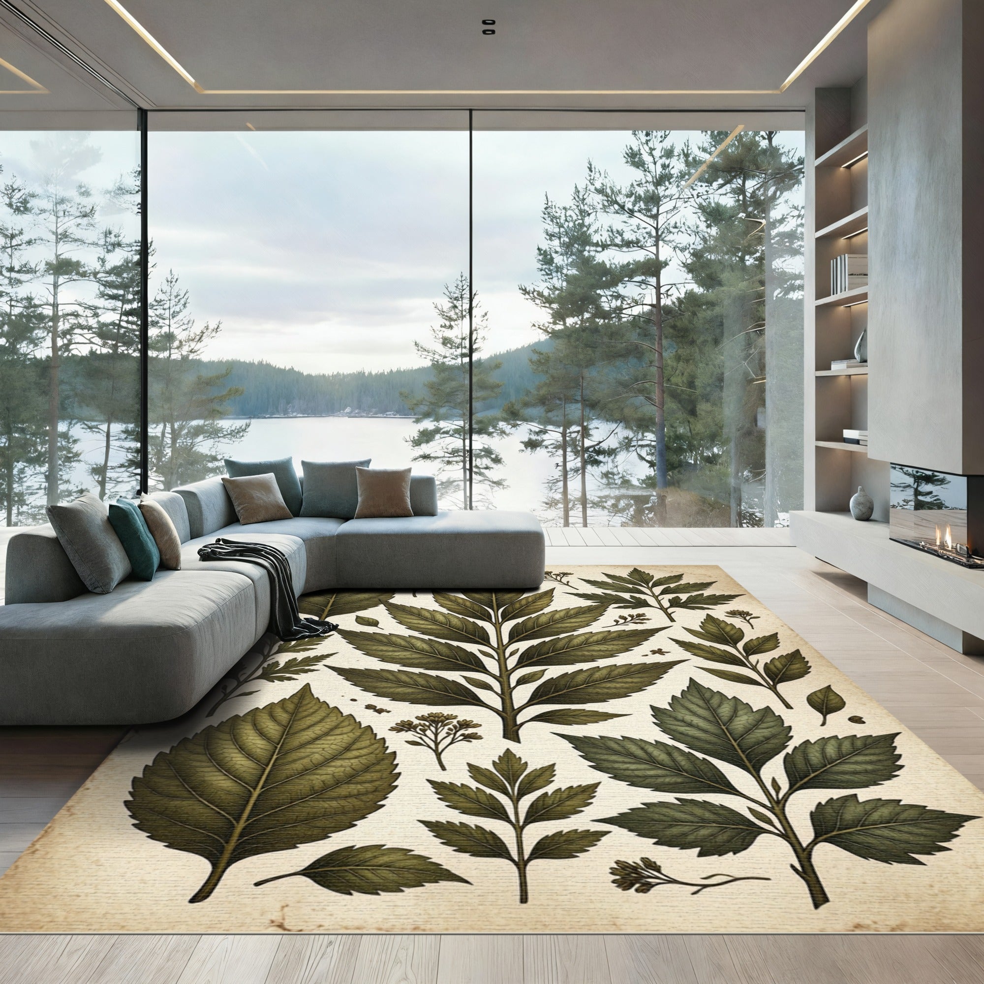 Vintage Green Leaf Botanical Composition Rug