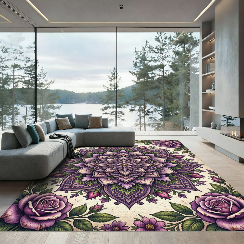 Elegant Purple Rose Mandala Floral Accent Rug
