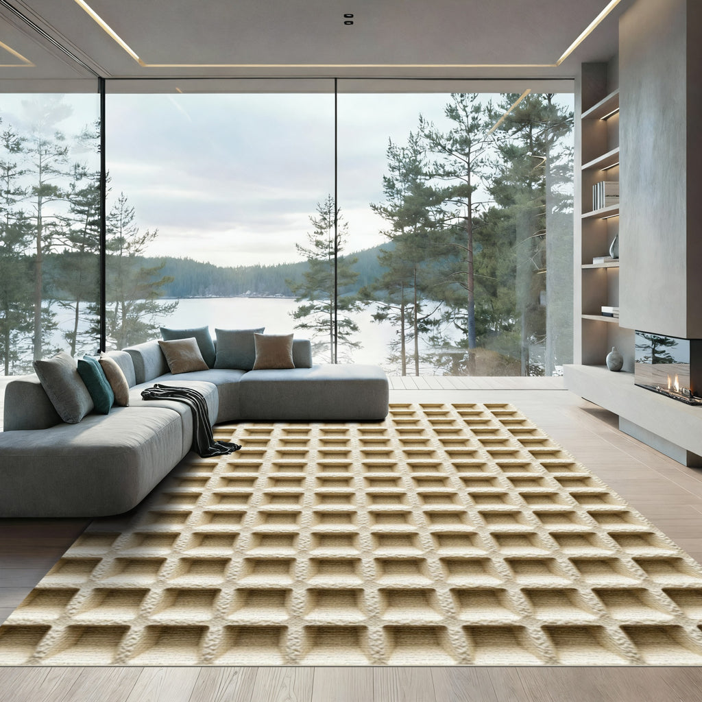 Textured Cream Grid Waffle Rug
