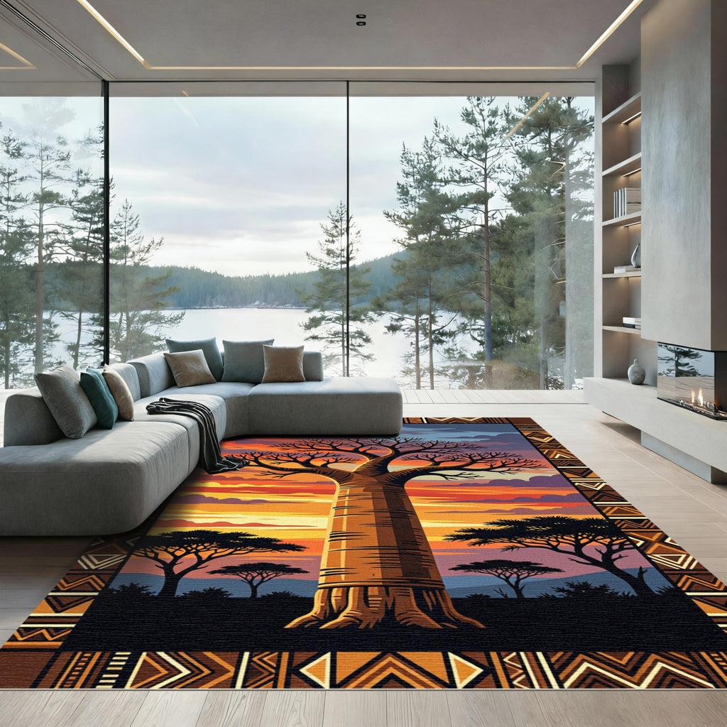 Sunset Baobab Tree African Geometric Border Rug