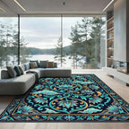 Intricate Teal Lotus Swirls Border Rug
