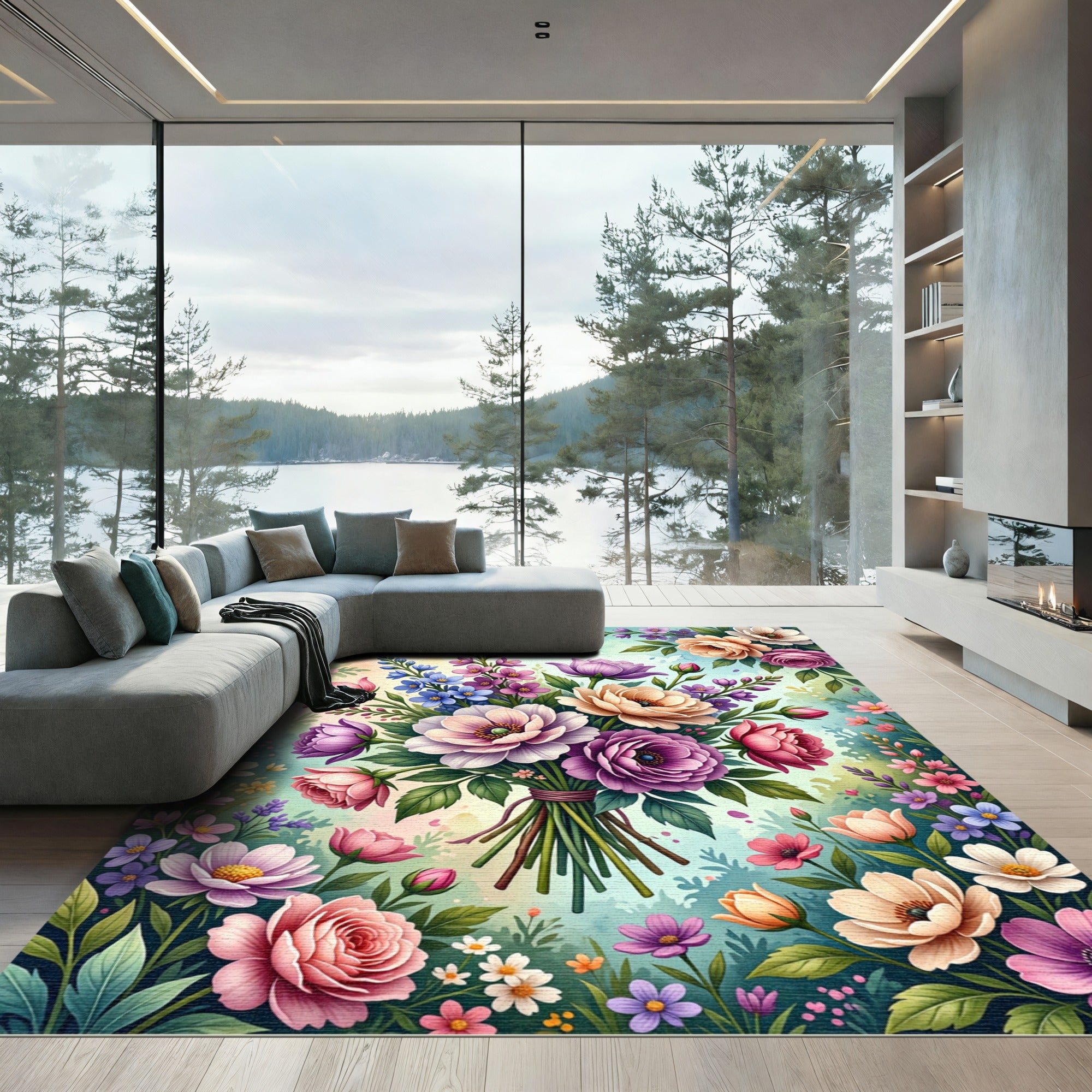 Vibrant Pastel Watercolor Floral Bouquet Rug