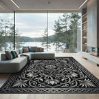 Detailed Black Silver Floral Scroll Rug