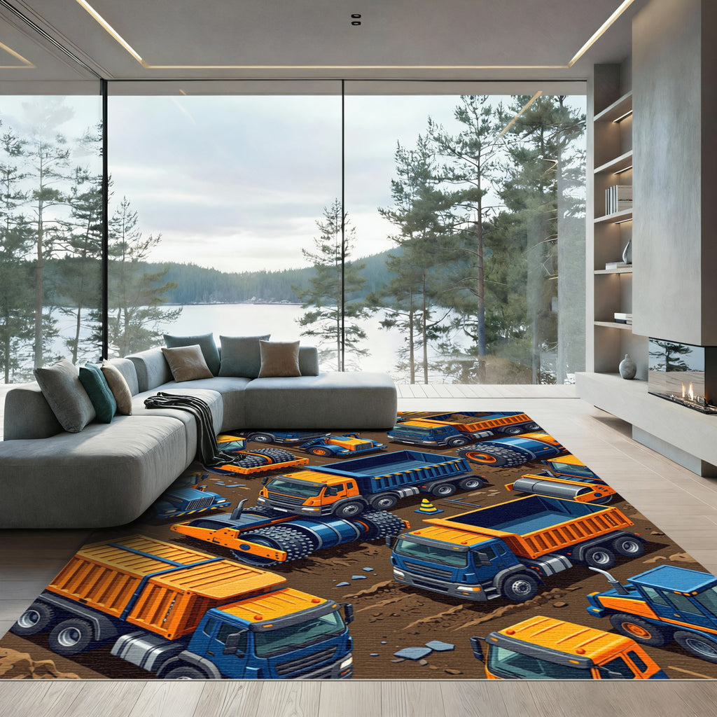 Isometric Orange Blue Construction Vehicle Grid Rug